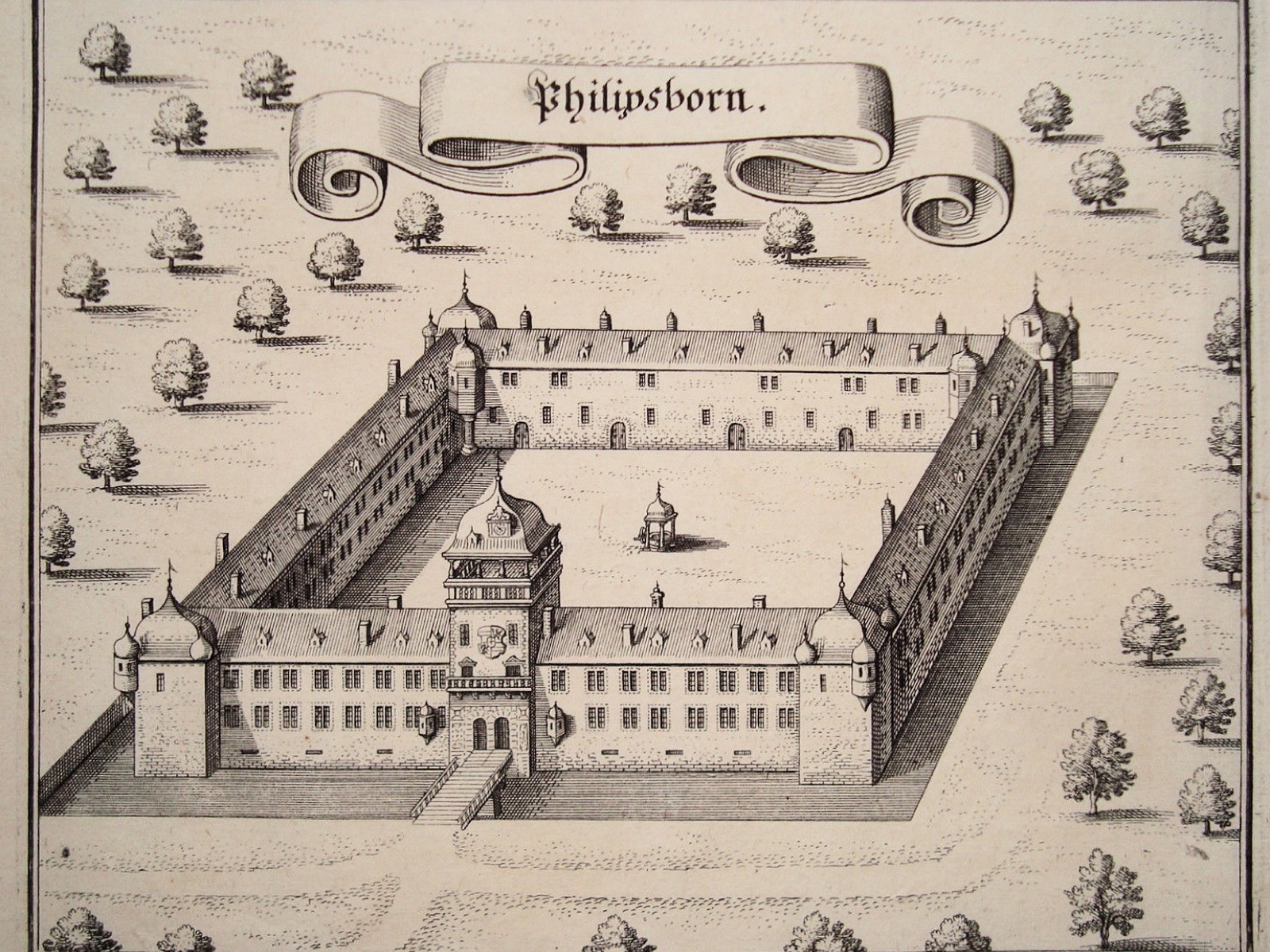 Jagdschloss Philippsborn – Foto: aus: Zeiller, Martin: " Merian, Matthaeus :Topographia Palatinatus Rheni ..." (1645 [i.e. wohl 1672])